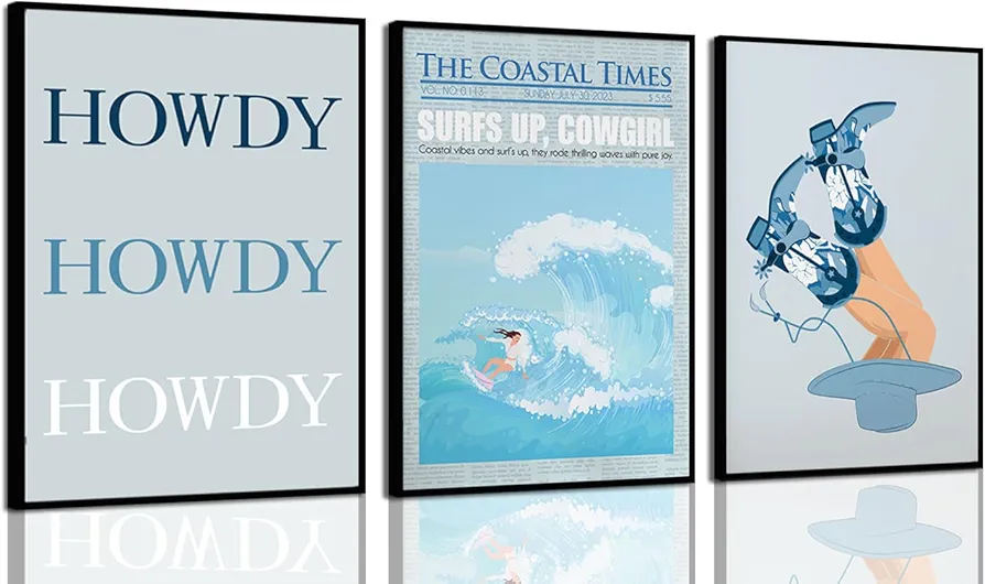 3pcs Coastal Cowgirl Retro Wall Art, Light Blue Surf Gallery Prints Set Trendy Preppy Girly Beachy Room Canvas Posters，Western Cowboy Apartment Decor Ocean Seascapes Travel Pictures Coastal Framed