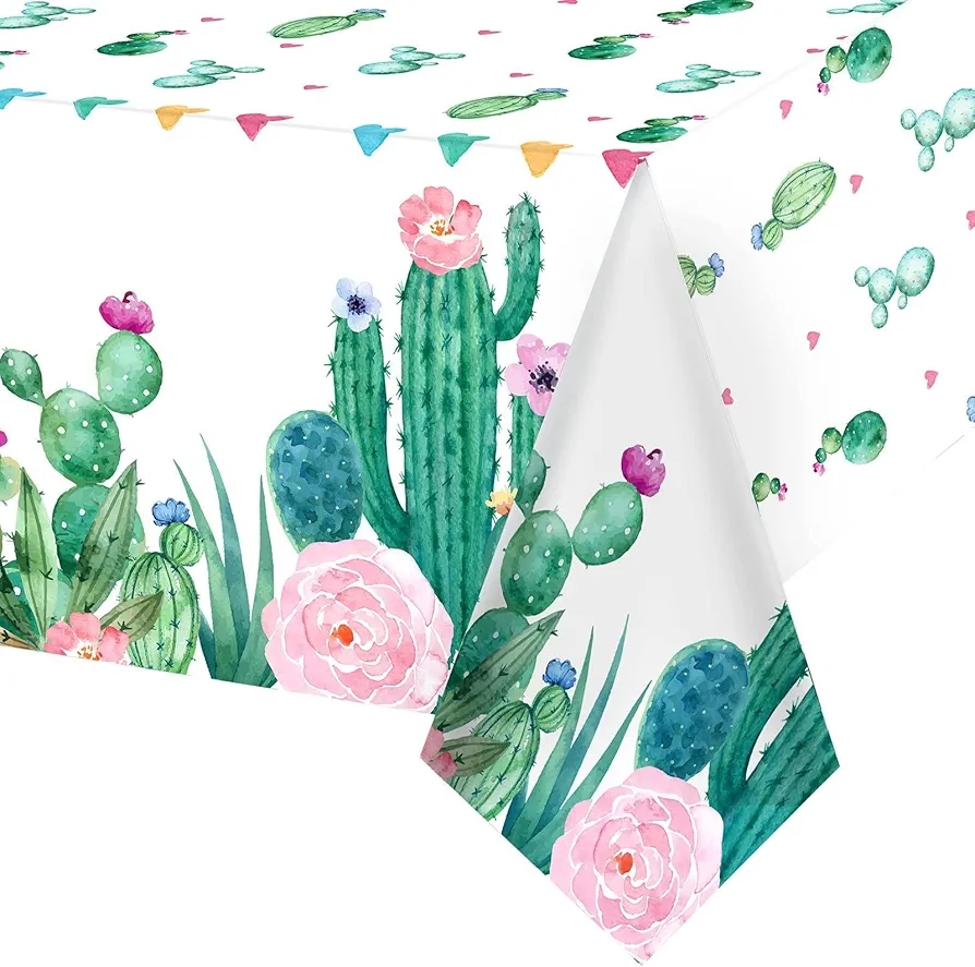 Watercolor Cactus Tablecloth Plastic Waterproof Table Cover for Birthday Party Decorations Kitchen Dining Room Party Supply, 108 x 54 Inches(1 Piece)