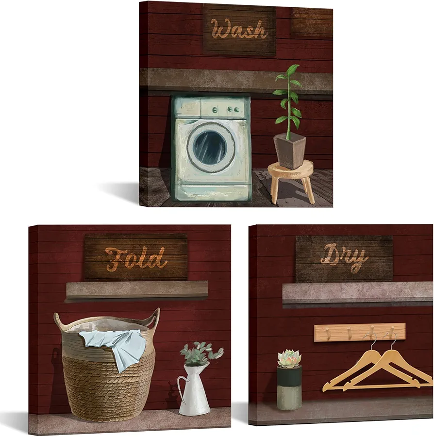 sechars Laundry Room Art Wall Decor Wash Fold Dry Signs Picture Painting Framed Vintage Home Hotel Laundry Room Bathroom Wall Decorations Easy to Hang 12"x12"x3pcs