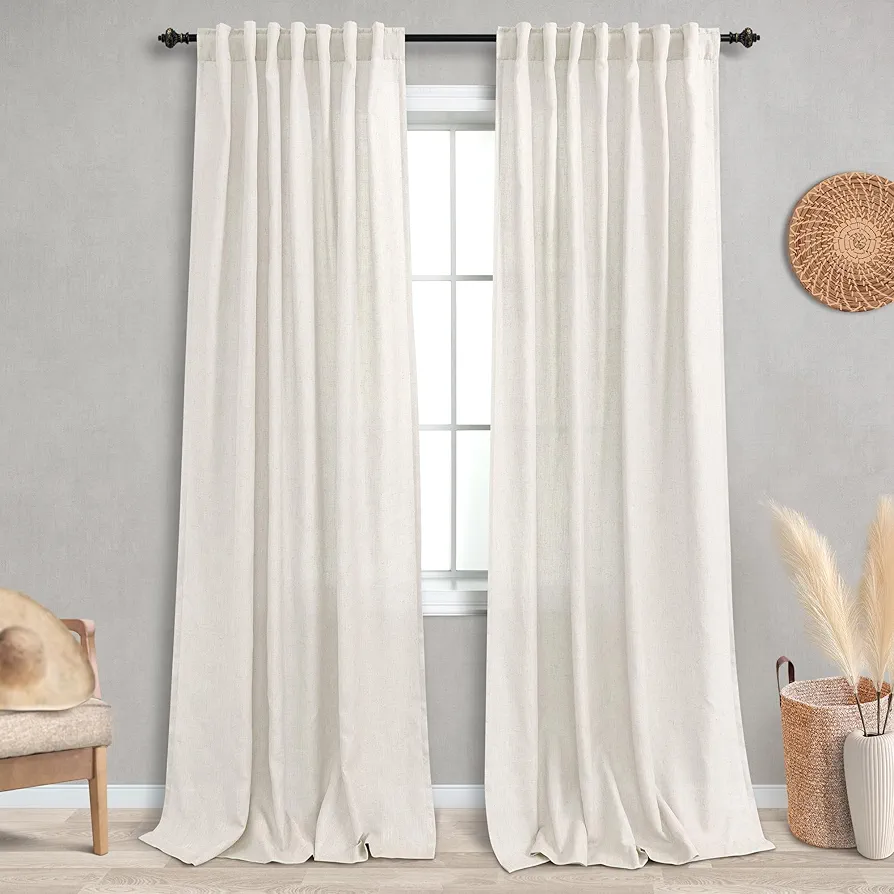 KOUFALL 92 Inch Curtains for Living Room 2 Panels Set,Light Filtering Farmhouse Boho Linen Semi Sheer Curtain Drapes 92 Inches Long for Bedroom,Cream Ivory