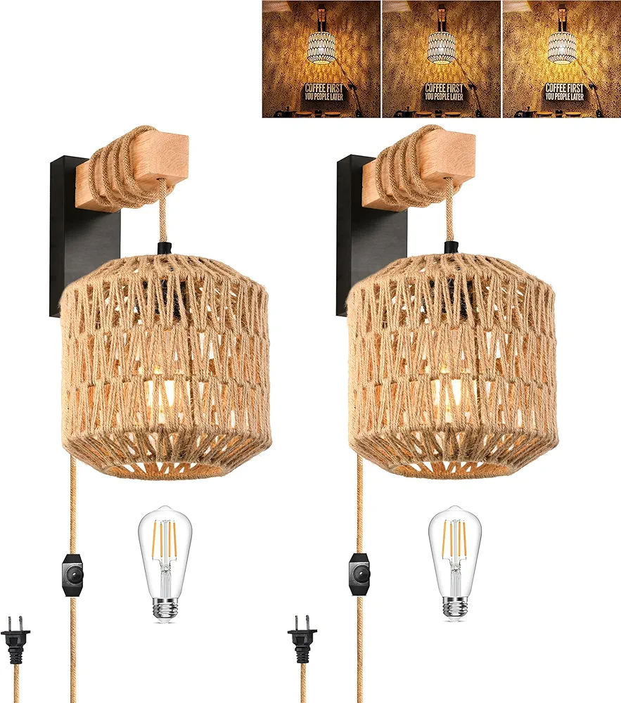 Rattan Plug in Wall Sconces Boho Wall Sconce Set of Two,Dimmer Rustic Wall Lamp with Plug in Cord,Rattan Wall Sconces Wicker Wall Mount Light for Bedroom Living Room