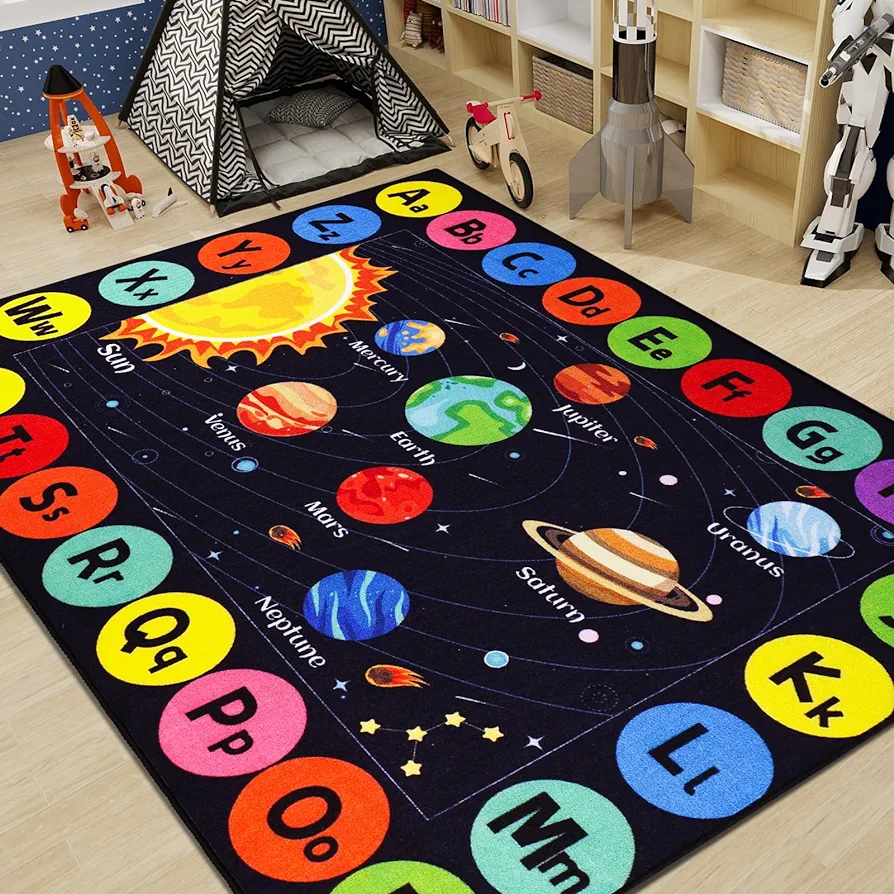 Outer Space Kids Rug Carpet for Playroom, ABC Educational Learning Area Rug, Non-Slip Solar System Road Play Play Rug for Kids Bedrooms, Classroom, Nursery Room Decor (Black, 59X39.4 INCH)