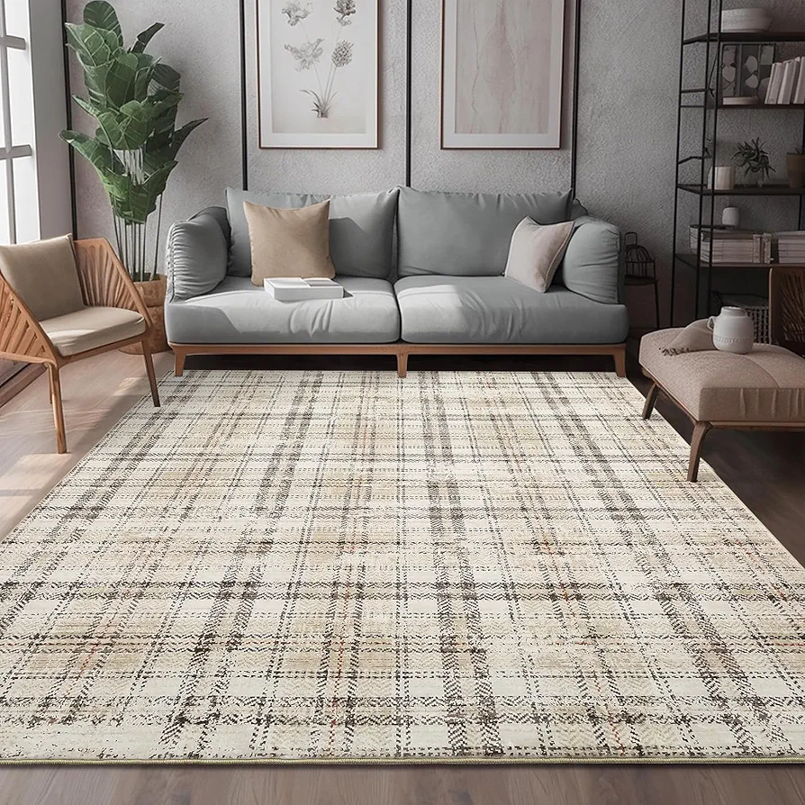 Washable Area Rugs 9x12 Living Room Plaid Rug Modern Bedroom Decor Soft Rug Large Area Rug Non Slip Throw Rugs with Rubber Backing Tartan Carpet for Office Nursery Dining Room 9'x12' Beige