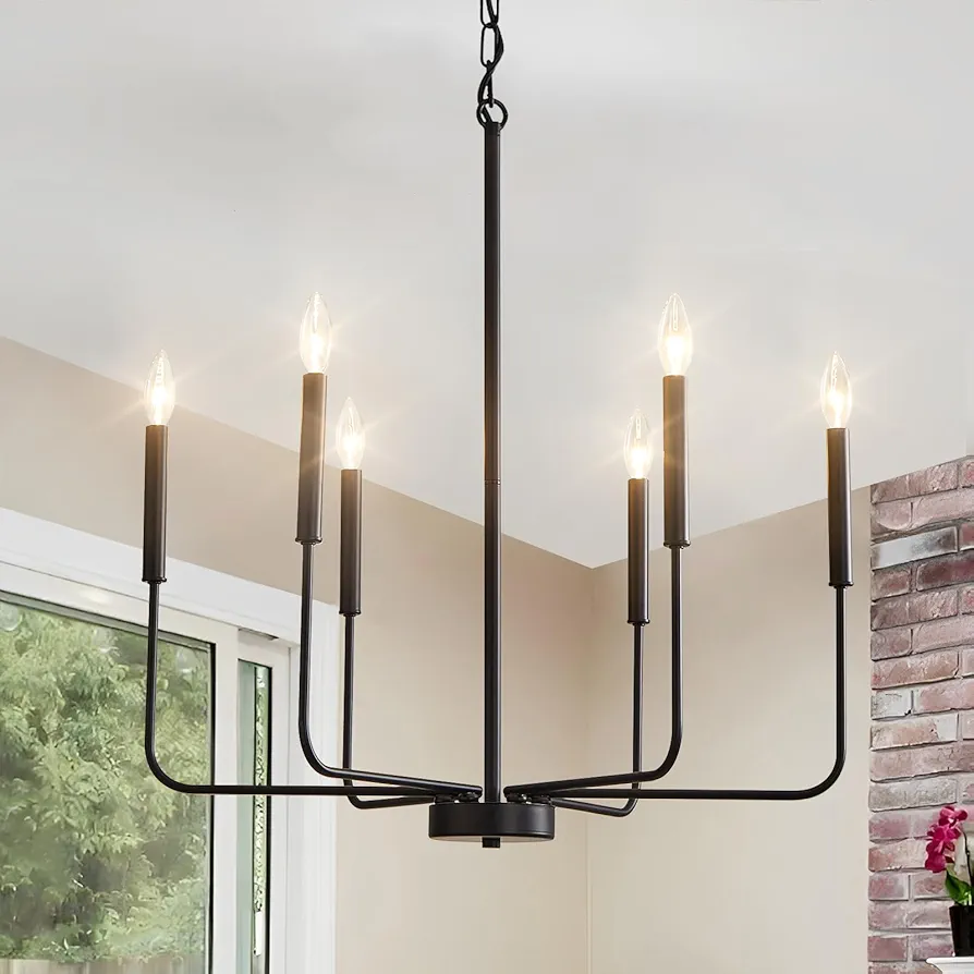 Black Chandelier for Dining Room, 6-Light Farmhouse Modern Chandelier Pendant Lights Kitchen Island, Rustic Industrial Metal Candle Hanging Light Fixtures for Bedroom, Foyer and Living Room