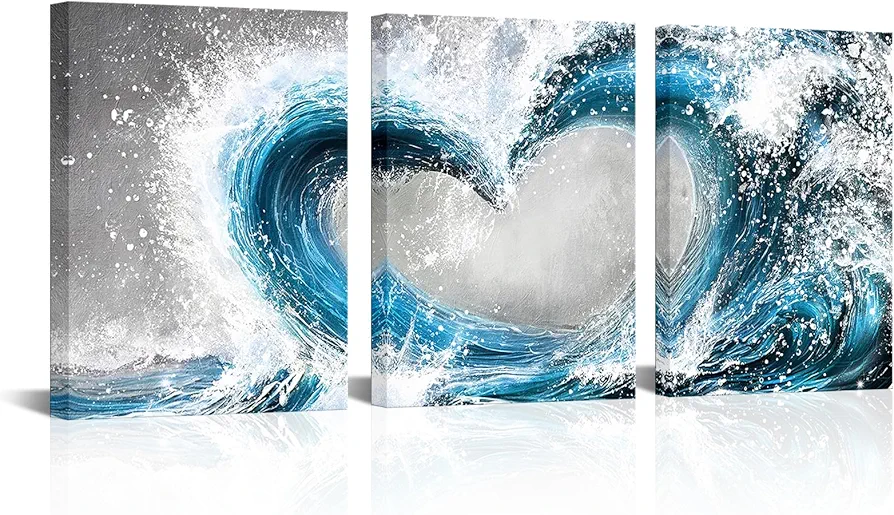 HOMEOART Bedroom Wall Art Ocean Wave Painting Love Sign Wall Decor Framed Artwork Bathroom Bedroom Living Room Decor (Blue)