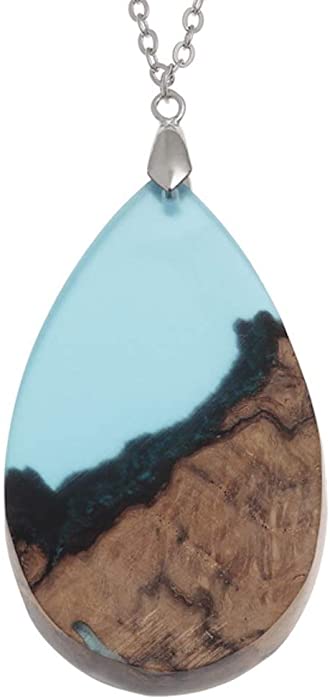 Talbot Fashions Tide Jewellery Burr Wood & Blue Resin Tear Drop Long Length Necklace Pendant