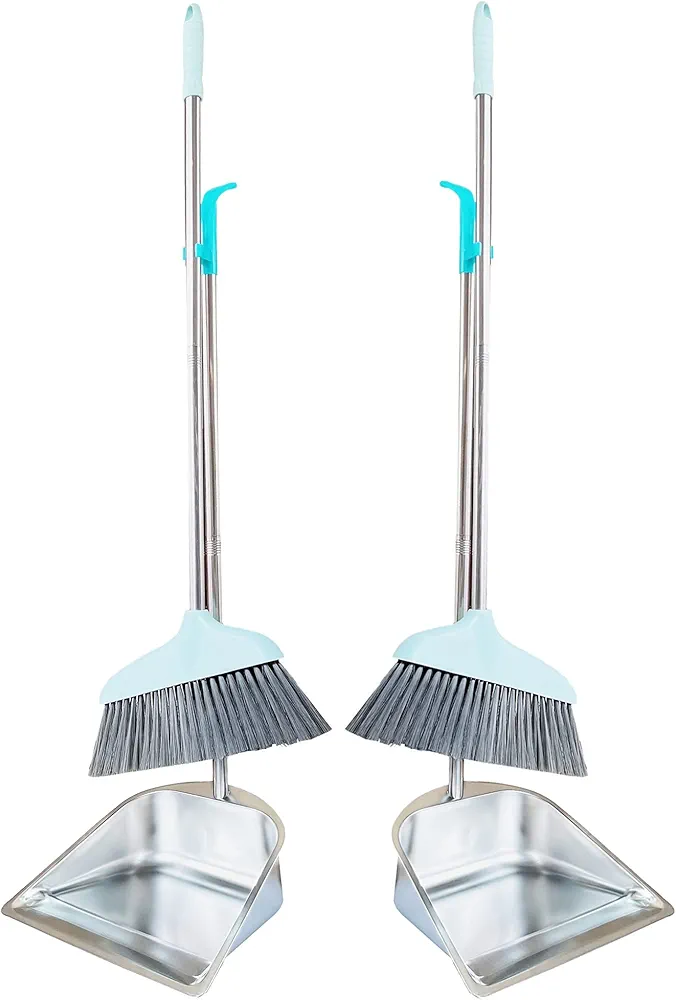 2-Pack Dustpan and Broom Set - 33.5" Long Handle Dust Pan Indoor Outdoor Stainless Steel Dust Pans, Household Heavy Duty Standing Dustpans and Brooms for Home Room Lobby Office