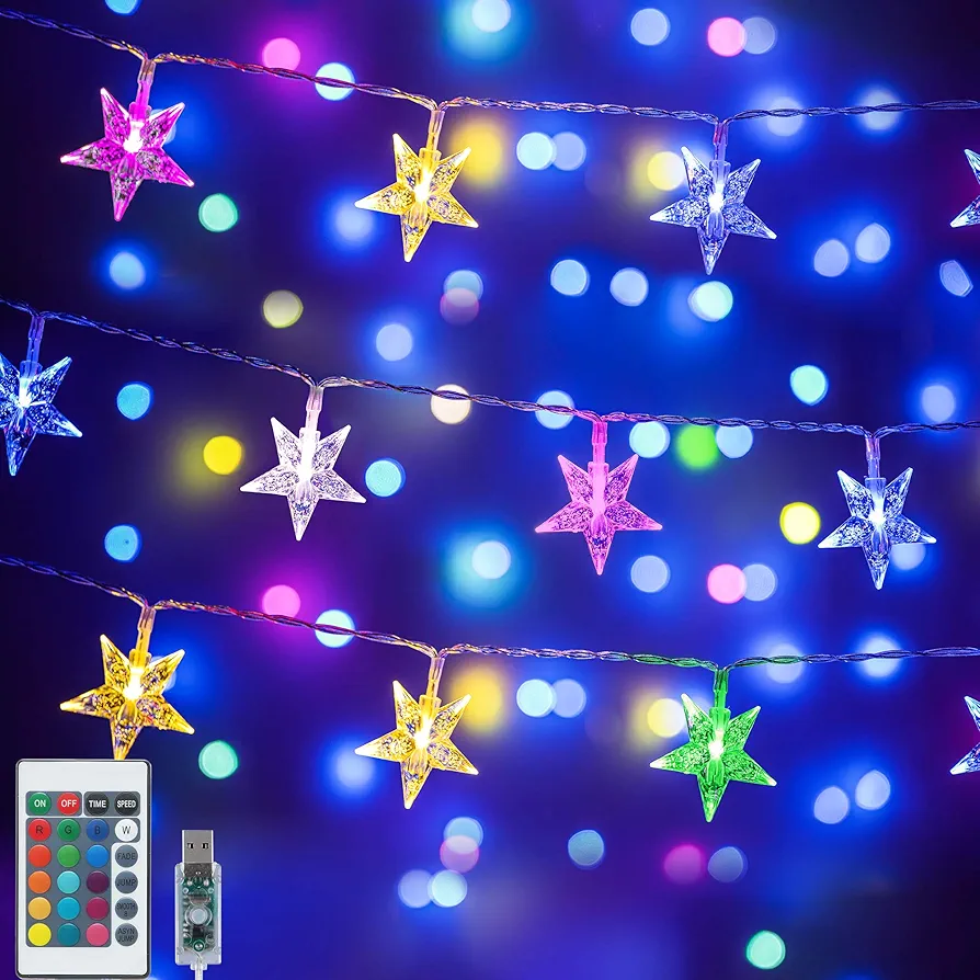 Color Changing Star String Lights,16.4 ft 50 LED USB Powered Star Fairy Lights,Indoor hanging string lights with Remote Control for Girls Kids Bedroom Dorm Party Christmas Decor- 16 Colors