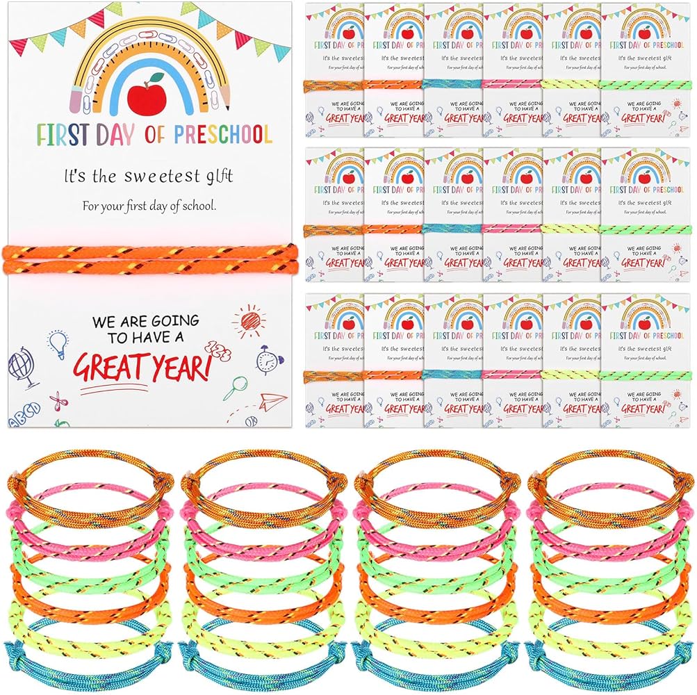 First Day of Preschool Gift for Students Bulk Back to School Party Favors Adjustable Bracelet with Card Sets Friendship Bracelets Neon Woven Rope Classroom Supplies Reward