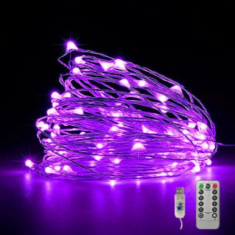 Fantasee Copper Wire String Lights USB Powered LED Fairy Lights 8 Modes with Timer Remote Control for Home Bedroom Birthday Party Wedding Christmas Festival Decor (Purple, 16.4ft 50leds)