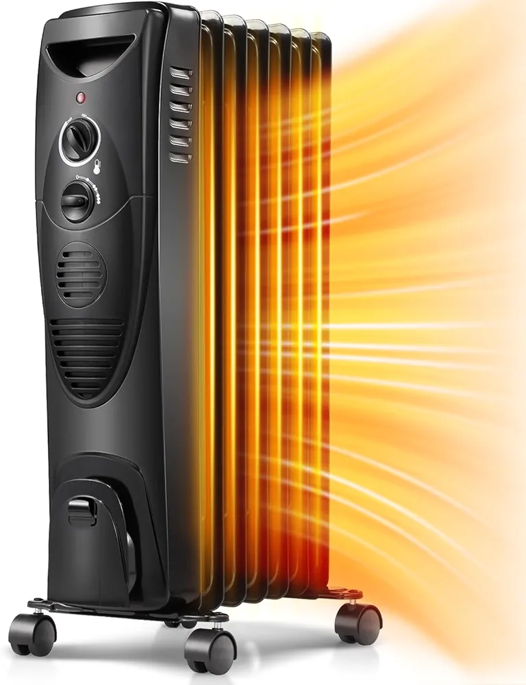 Kismile Portable Electric Radiator Heater, Oil Filled with 3 Heat Settings, Adjustable Thermostat, Overheat & Tip-Over Protection For Indoor Use, 1500W (Black)