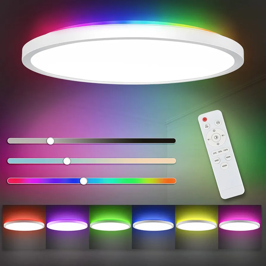 RGB Dimmable Led Flush Mount Ceiling Light with Remote, 12Inch 24W High Bright 3200lm, RGB Backlight Round Close to Ceiling Lamp Modern Ultra-Thin 3000-6500K for Bedroom Living Room