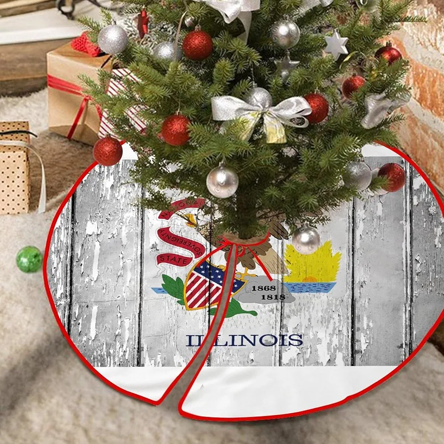 Illinois Christmas Tree Skirt US History Classroom State Flag Merry Christmas Tree Skirts Custom Tree Skirt Cover for Holiday Party Decorations 36"x36"