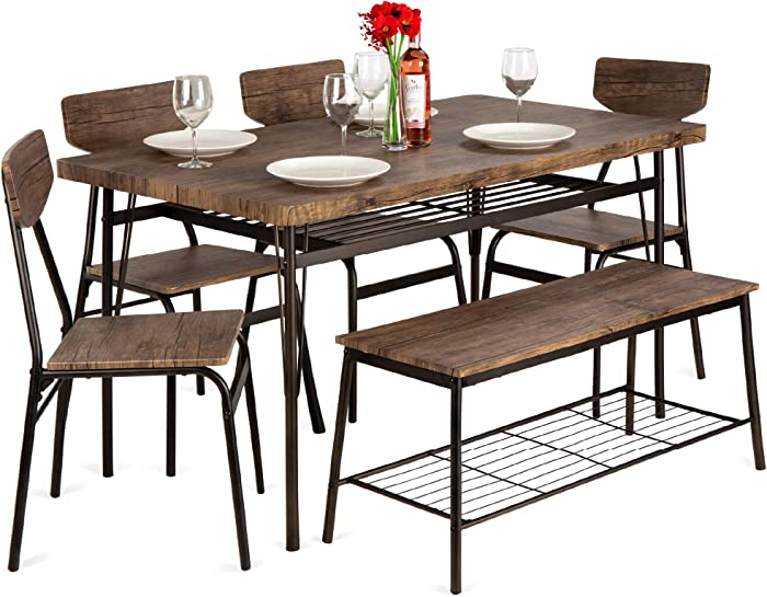 Best Choice Products 6-Piece 55in Modern Dining Set for Home, Kitchen, Dining Room w/Storage Racks, Rectangular Table, Bench, 4 Chairs, Steel Frame - Brown