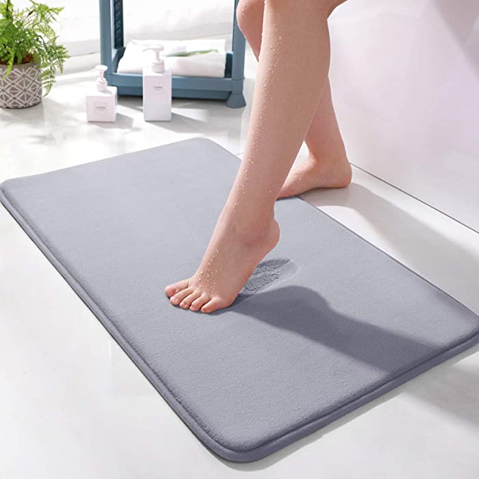 Memory Foam Bath Mat 15.5" X 23" Absorbent Super Cozy Soft Non-Slip Coral Velvet Bathroom Rug Easier to Dry Machine Wash Bathroom Carpet, Gray