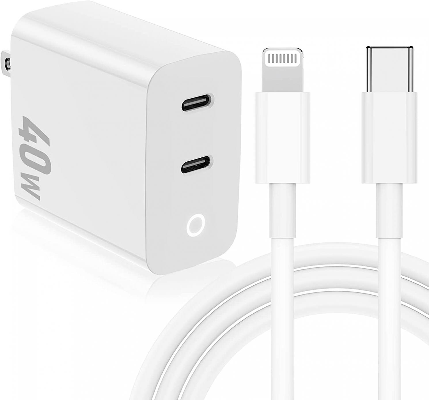 iPhone Fast Charger Block and Cable,40W USB C Wall Charging Plug with 6ft Lightning Cord,Type C Power Adapter Brick Cube for Apple iPhone 14 Pro Max/13 Pro/12 Mini/11/iPad/XR/XS Max/8/7 Plus-White