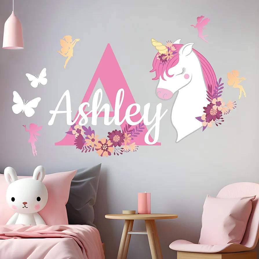 Personalized Name & Initial Unicorn Wall Decals I Girl Room Decorations for Bedroom I Custom Name Wall Decal I Unicorn Wall Decor I Girl Room Unicorn I Multiple Size & Color Options