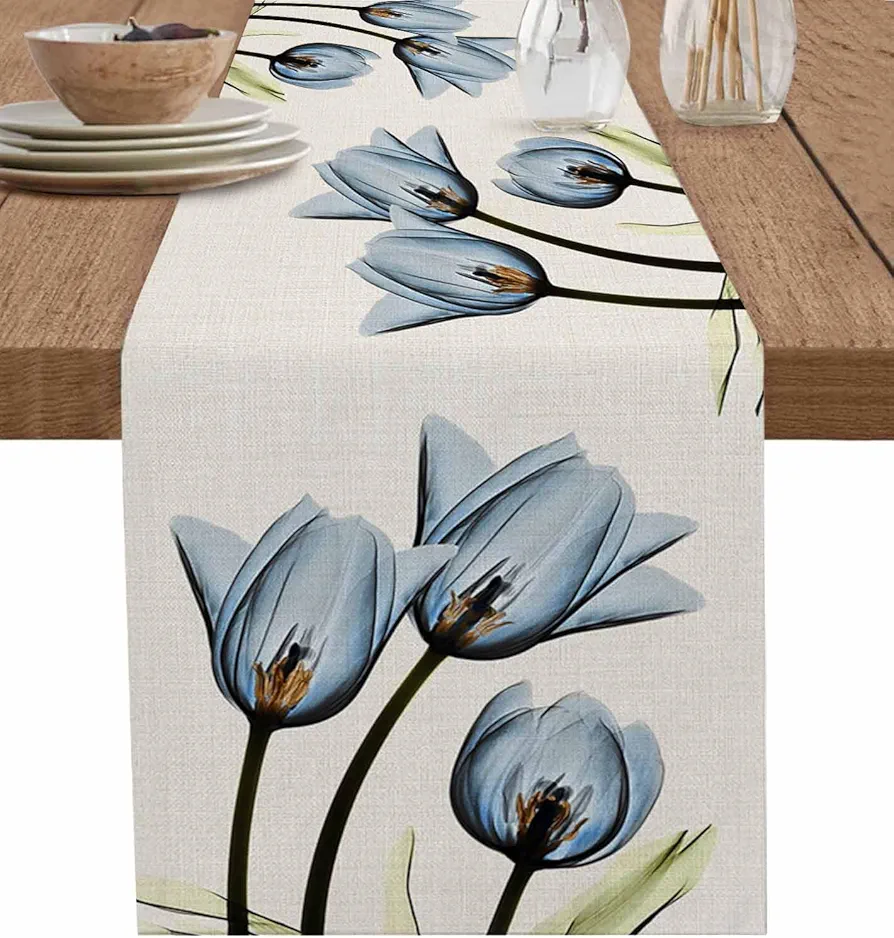 Blue Floral Table Runner 70 Inches Long,Kitchen Dinner Retro Tulip Flower Linen Dining Table Runners Long Dresser Scarf,Farmhouse Burlap Holiday Tablerunner for Coffee/Dining/Party/Wedding