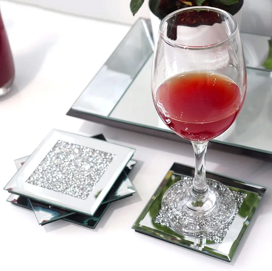 GIMORRTO Glass Mirrored Coaster 4 PC, Crushed Diamond Square Cup Mat 4" Decor on Tabletop for Bar Tools Dining Table