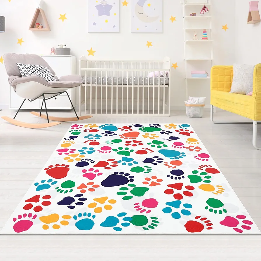 Washable Kids Area Rug Printed Colorful Animal Footprints, 3x5 Cartoon Play Mat Low Profile Pile Rubber Backing Indoor Carpet for Bedrooms Playroom Living Room Classroom