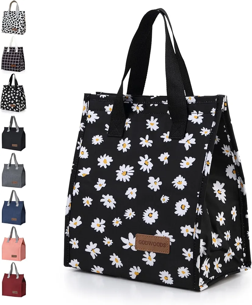 Insulated Lunch Bag for Women Men Large Lunch Box Container Reusable Leakproof Tote for Office, Work, Beach or Travel (Black Daisy)