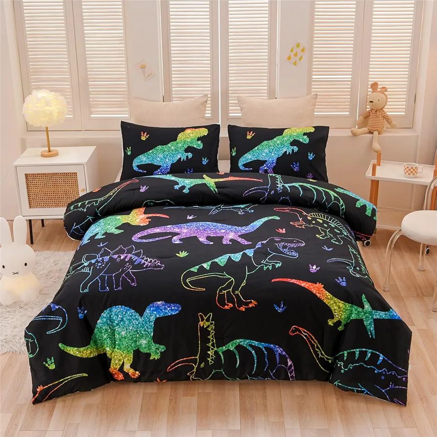 Meeting Story Dinosaur Comforter Set, Fluorescence Gradation Dinosaur Twin Comforter Set, 3 PCS 1 Comforter and 2 Pillowcases in One Bag, All Season Bedspread for Kids Teens Adults（Twin）