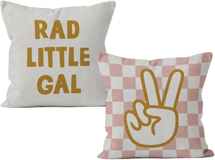 Rad Little Gal Preppy Retro Pink Checkered Peace Hand Sign Decorative Pillowcase Throw Pillow Cover,Trendy Preppy for Sofa Bed Home Girl Teen Room Dorm Decor 18 x 18 Inch Pillow Case Set of 2