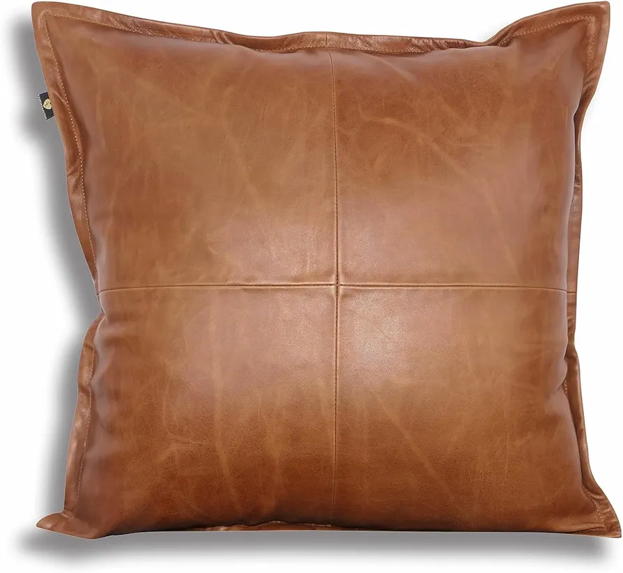 Lambskin Leather Pillow Cover - Sofa Cushion Case - Decorative Throw Covers for Living Room & Bedroom, 22x22 Inches - Antique Brown Box Pack of 1