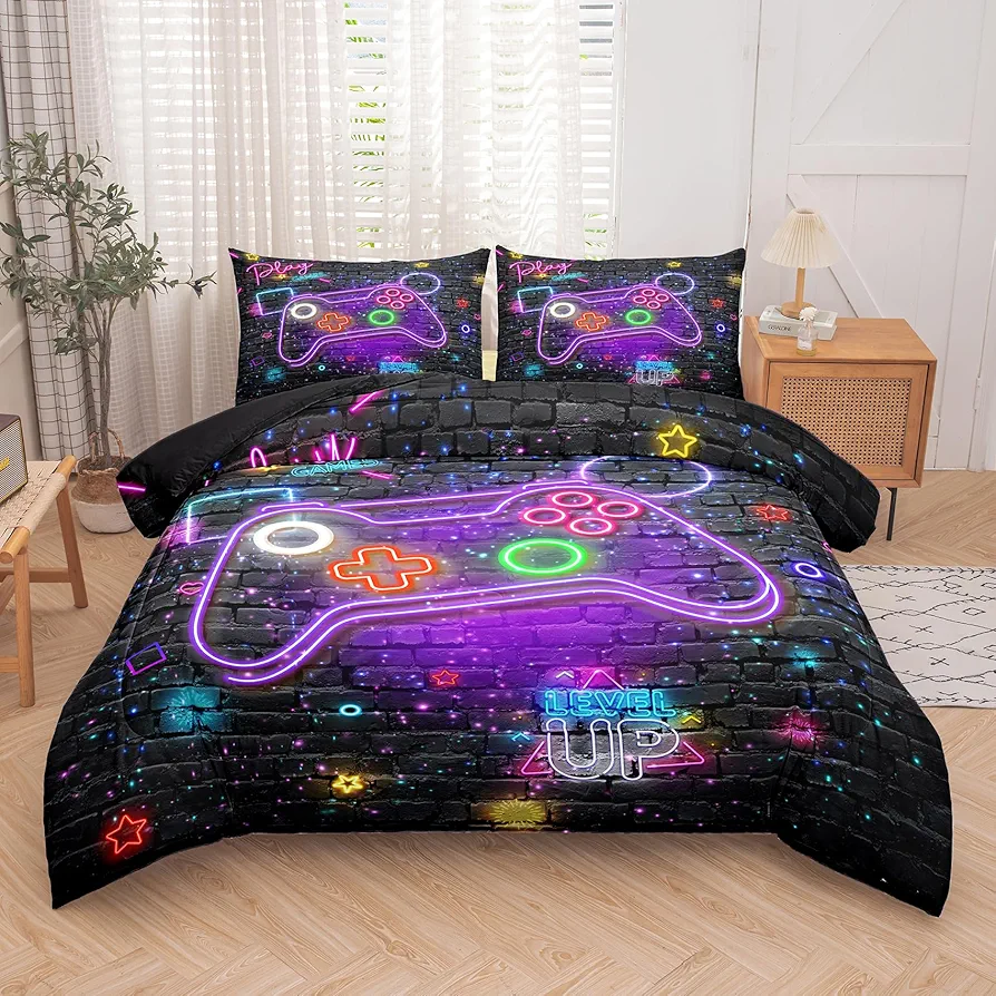 Gamer Comforter Sets for Boys, Full Size Comforter Set for Boys, Gamer Room Decor for Boys, Kids Full Size Bedding Set with 1 Comforter, 1 Flat Sheet, 1 Fitted Sheet, 2 Pillowcases