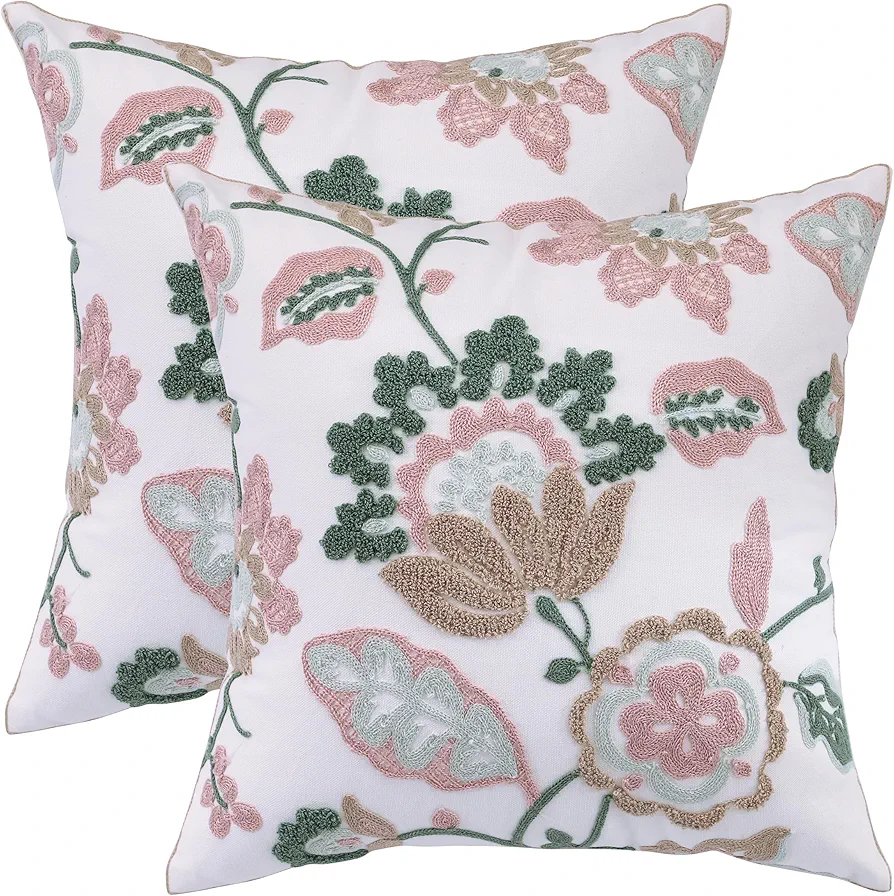 Embroidered Decorative Throw Pillow Covers 18x18 Inch Pack of 2, Farmhouse Pink Dragon Flower Pillowcase for Living Room Sofa Bed