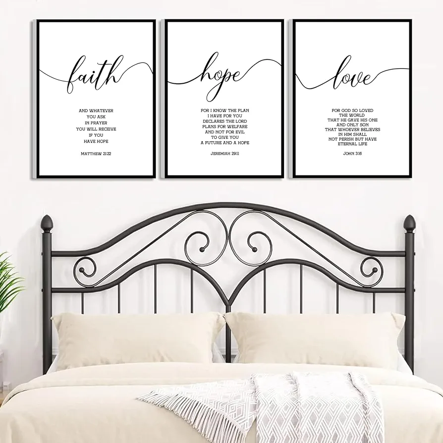 Framed Christian Wall Art Bible Verses Wall Decor Scripture Wall Art, Faith Hope Love Wall Decor for Bedroom Bathroom Kitchen Living Room Office(12x16 inches, Set of 3, Framed, Black)