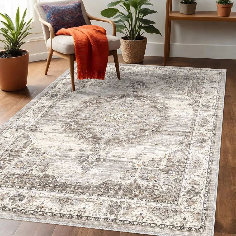 Washable Area Rugs 3x5 Entryway: Soft Ultra Thin Low Pile Mat Machine Washable Indoor Doormat Lightweight Entry Rug Anti Slip Backing Rugs for Living Room Bedroom Kitchen 3'x5' Beige