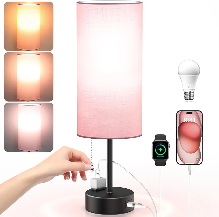 Small Pink Bedside Lamp with 3 Color Temperatures, Pull Chain Nightstand Table Lamp with USB Port Outlet for Kids Bedroom Guestroom Livingroom Dorm,1 Pack