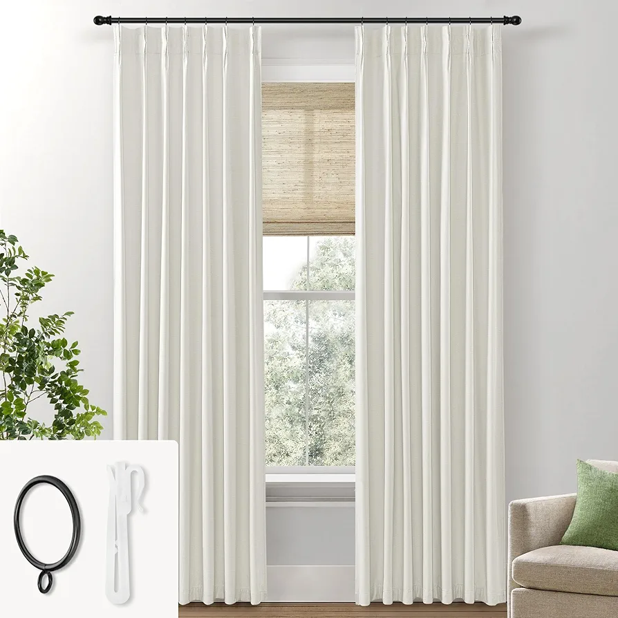 Blackout Linen Pinch Pleated Curtains 96 Inches Long 2 Panel Set with Tailored Memory Shape Pleat and Hooks Drapes,Black Out Room Darkening Floor to Ceiling Window Curtains for Living Room,Cream