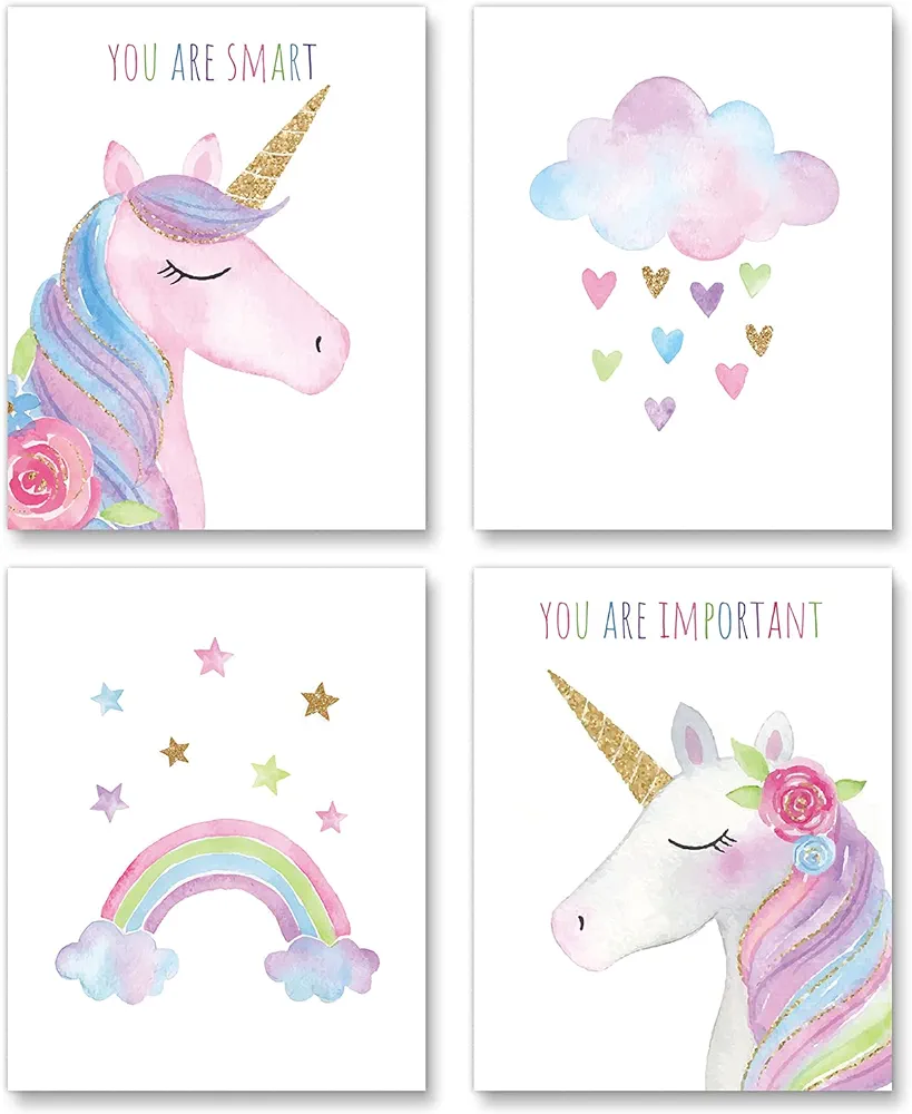 Watercolor Unicorn Nursery Wall Art Girls Room Decor Inspirational Rainbow Flower prints Baby Girls Room Poster Colorful Picture Cute Paintings for Kids Room Lovely Gift (8x10 inch，Set of 4，Unframed)