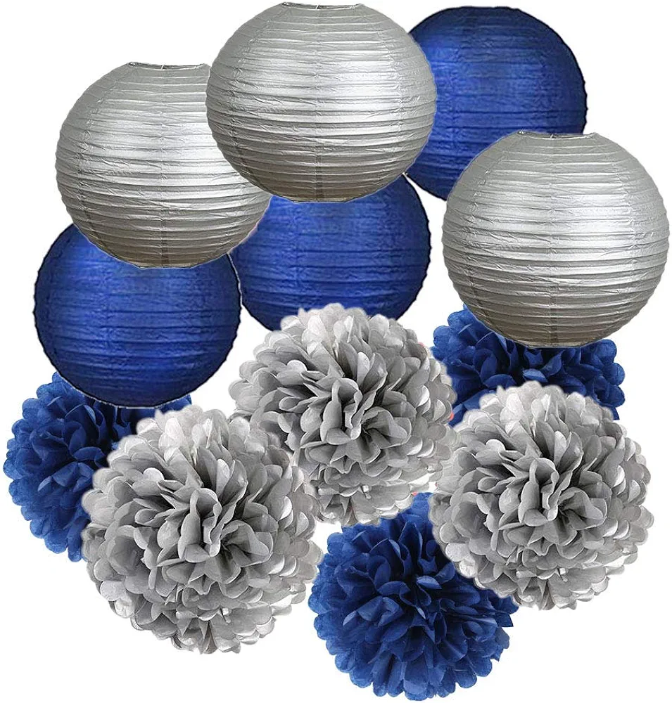 12PCS Navy Blue Silver Party Decoration Tissue Pom Poms Paper Lanterns Boys Birthday Party Set,Boy Baby Shower， Father Day Bachelor Party，Wedding， Baby Shower，Bridal Shower，Room Decoration