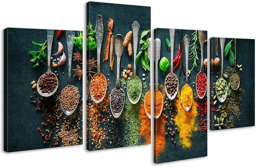 DJSYLIFE Kitchen Wall Decor - Colorful Spices Seasoning Spoon Canvas Wall Art Vintage Food Painting Picture Prints Modern Home Dining Room Decoration Artwork Framed Ready to Hang 48" W x 24" H