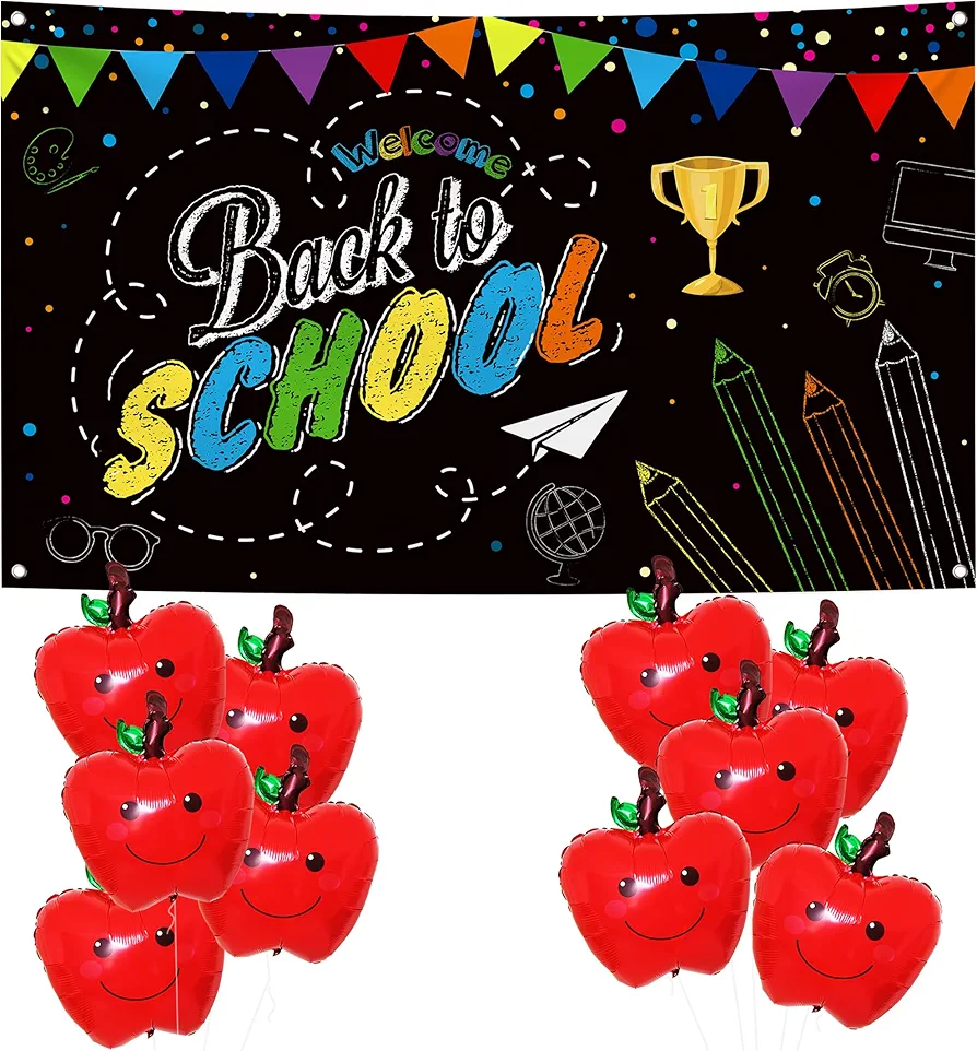 KatchOn, Welcome Back To School Banner with Apples Balloons - 72x44 Inch, Pack of 11 | Back To School Backdrop, First Day of School Decor | Apples Decoration for Classroom | Back To School Party Decor