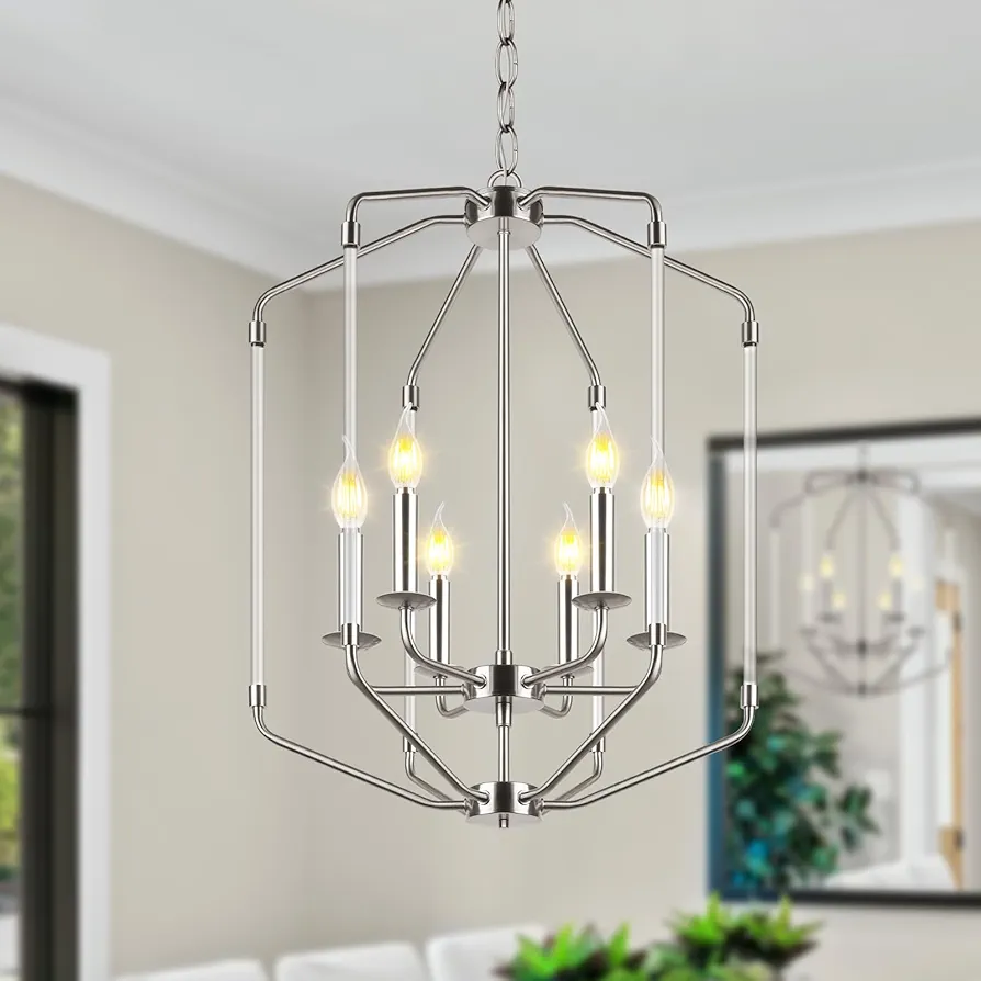 Farmhouse Chandelier for Dining Room 6-Light Brushed Nickel Modern Pendant Light Fixture Industrial Hanging Ceiling Light for Kitchen, Foyer, Entryway, Bedroom, Over Table