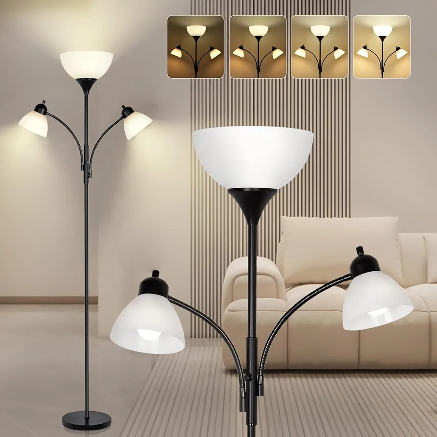 RIGLG Floor Lamps for Living Room,Standing Lamp with Stepless Dimming, 3 Lights Adjustable Reading Lights, Morden Tall Lamps for Living Room, Bedroom, Office