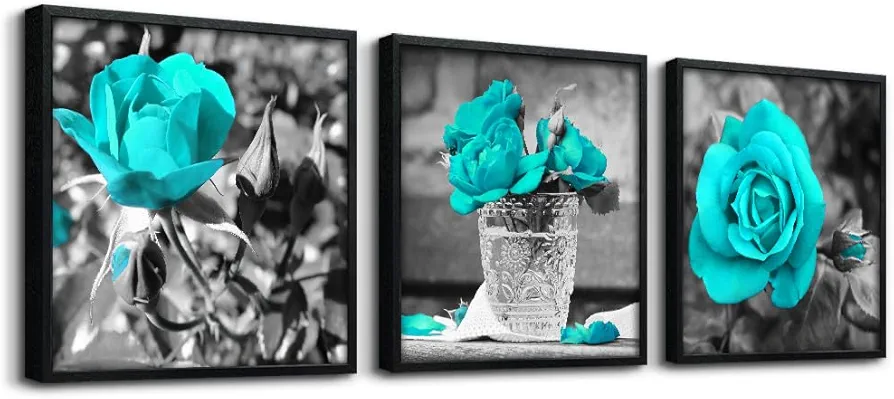 MHARTK66 Black Framed Wall Art Bedroom Wall Decor Living Room Kitchen Decor Black White Wall Painting Blue Rose Flowers Pictures Watercolor Prints Ready To Hang Room Girls Home Decor 3 piece