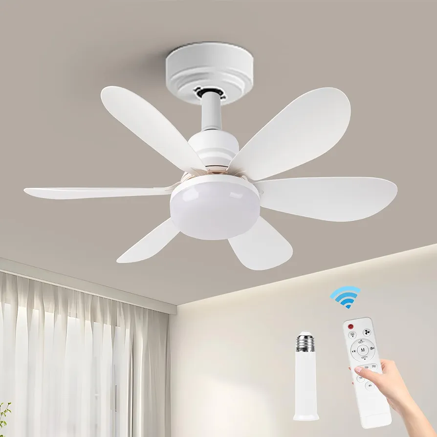 Ceiling Fans with Lights and Remote, 20.5” Dimmable E26 Base Screw in Socket Ceiling Fan, Small Ceiling Fan with 1 Socket Extender for Bedroom, Living Room, Laundry, Garage- White