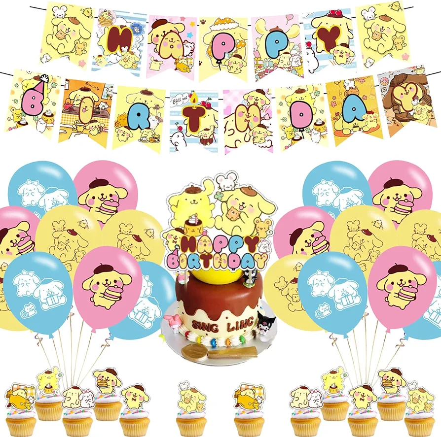 PomPomPurin Birthday Party Decorations, Room Decorations, PomPomPurin Merch Include Cartoon Dog Party Balloons, PomPomPurin Birthday Kids' Party Banner,Cake Topper and Cupcake Toppers