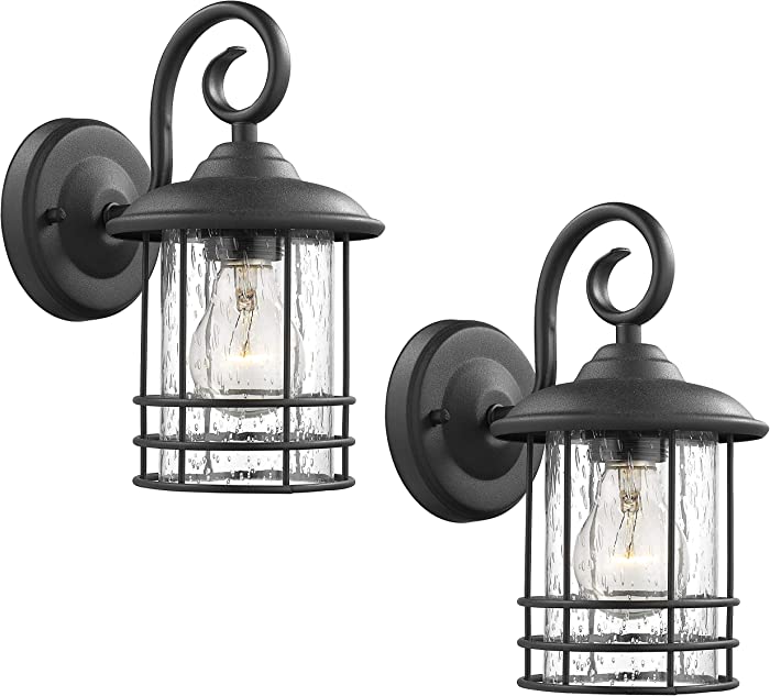 Emliviar 1-Light Outdoor Wall Lantern 2 Pack, Exterior Wall Lamp Light in Black Finish with Clear Seeded Glass -Twin Pack, OS-1803CW1