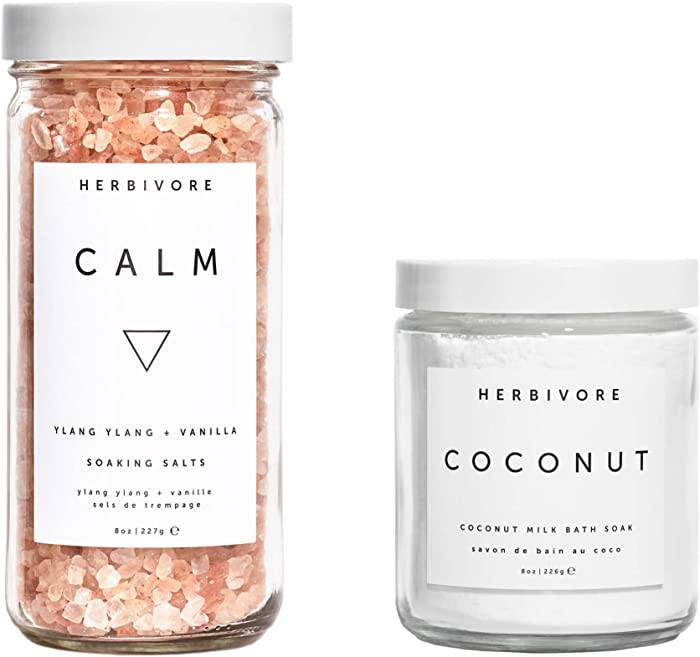 Herbivore Botanicals Luxurious Bath Duo – Coconut Bath Soak (8 oz) Bundle with Calm Soaking Salts (8 oz) for a Relaxing, Skin-Softening Bath