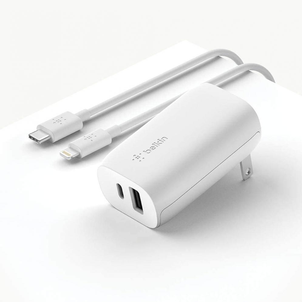 Belkin USB C Wall Charger 32W C to C Cable Included PD with 20W USB C & 12W USB A Ports for USB-C Power Delivery