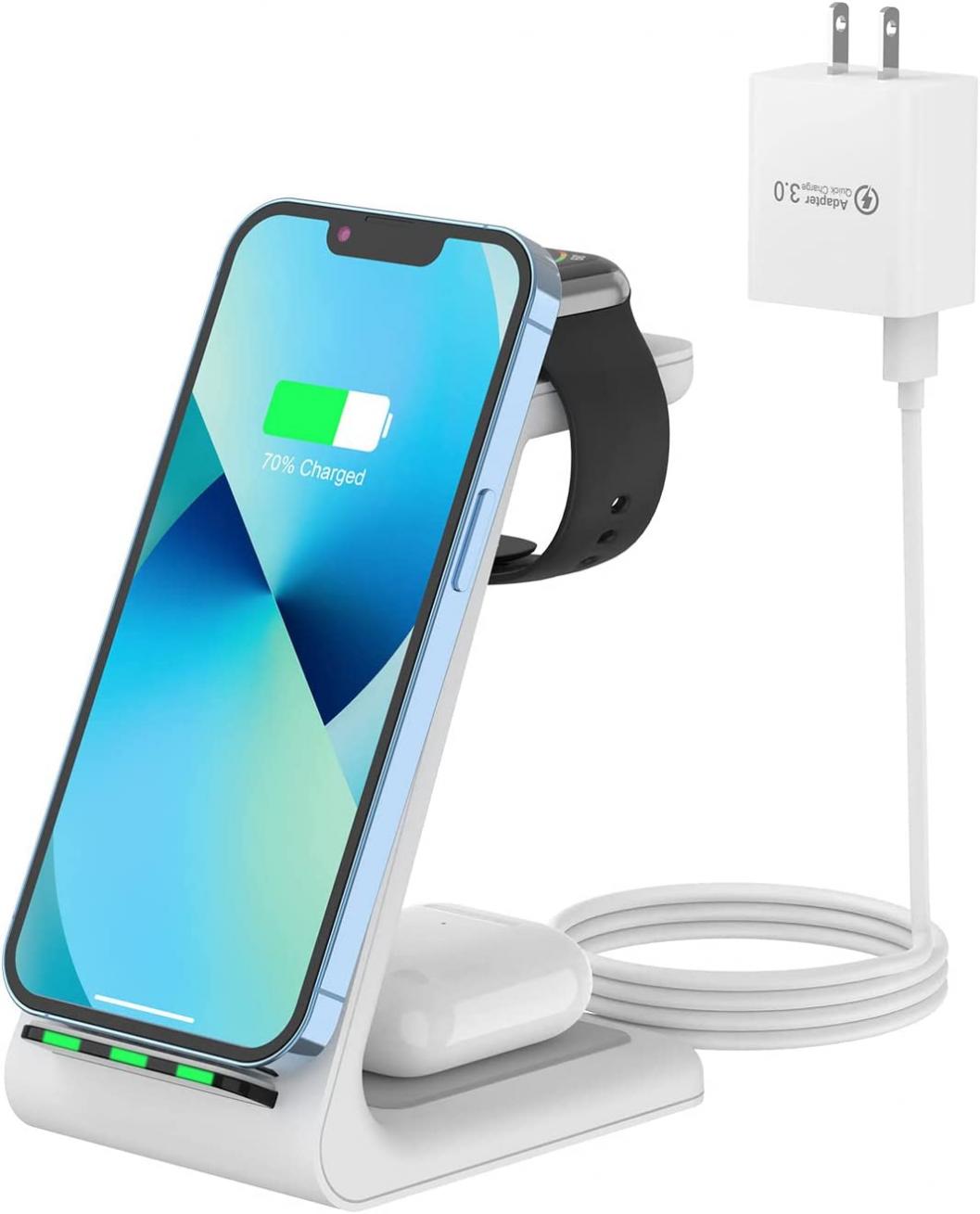 Wireless Charger, 3 in 1 Charging Station for Multiple Apple, Fast Qi Charger Stand for iPhone 13/12/SE/11/XS/XR/X/8, Samsung Galaxy S10/S9/S8/S7, Apple Watch 7/6/SE/5/4/3/2, AirPods 3/Pro/2