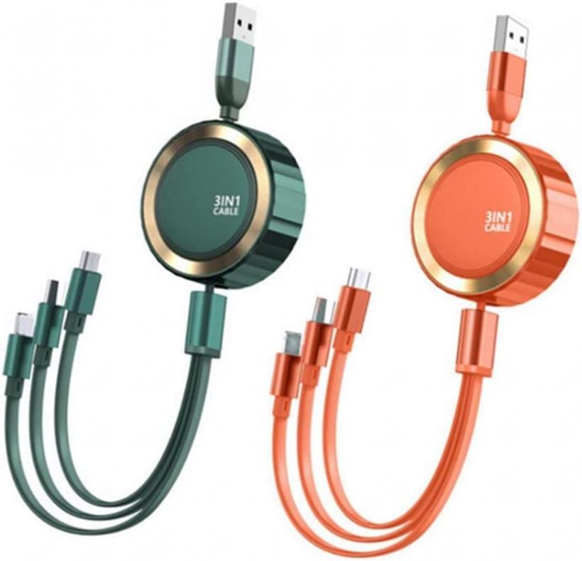 4Ft/1.2m Multi Retractable Fast Charger Cord 3A,3-in-1 USB Charging Cable for IP/Type-C/Micro-USB Compatible with iPhone, iPad Mini/pro/Air, iPod,Samsung,BlackBerry,LG,HTC (Green+Orange)