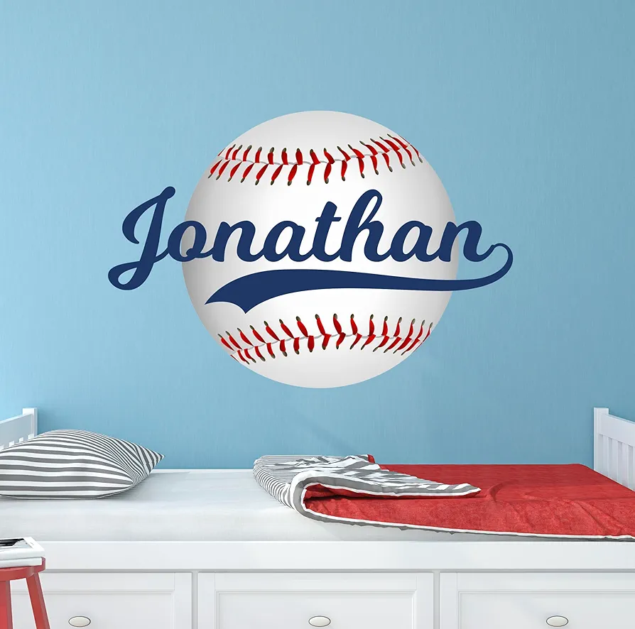 Baseball Name Wall Decal for Kids - Personalized Baseball NBA Wall Sticker for Boys - Sports Ball Bedroom Playroom Art Decoration - Custom Ball Stripes Children Art Mural Room Vinyl Sticker