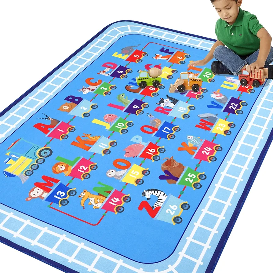 Kids Play Mat 5x7Ft,Playroom Rug for Kids,Non Slip Kids Rug for Playroom Bedroom Boys Train and Road Educational Classroom Rug Non-Slip Floor Carpet for Playroom Classroom Bedroom (Blue, 5'x7')